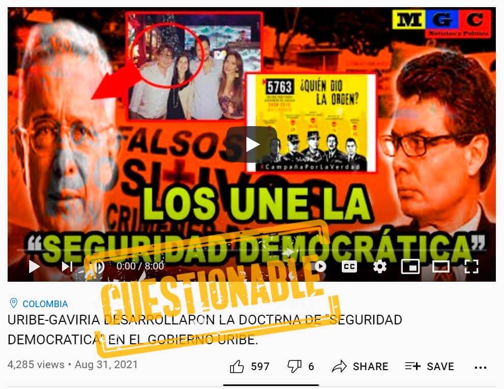 Pantallazo del video cuestionable sobre Uribe, Alejandro Gaviria y la seguridad democrática