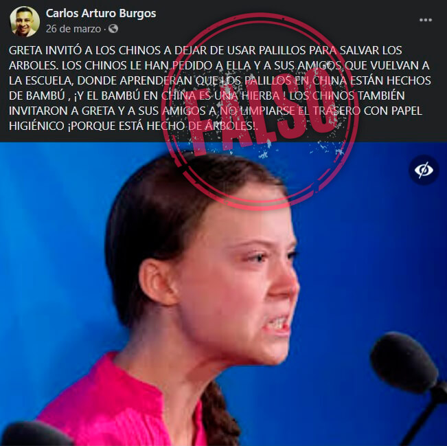 Pantallazo de la publicación en Facebook sobre Thunberg y los palillos