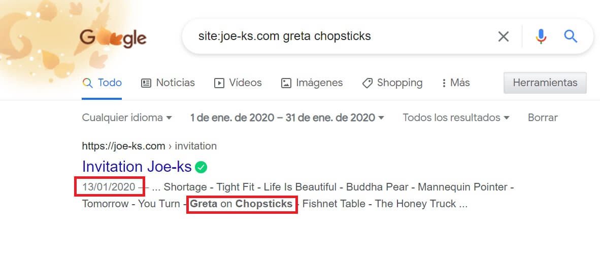 Pantallazo de la búsqueda por "Greta chopsticks" en Joe-ks.com