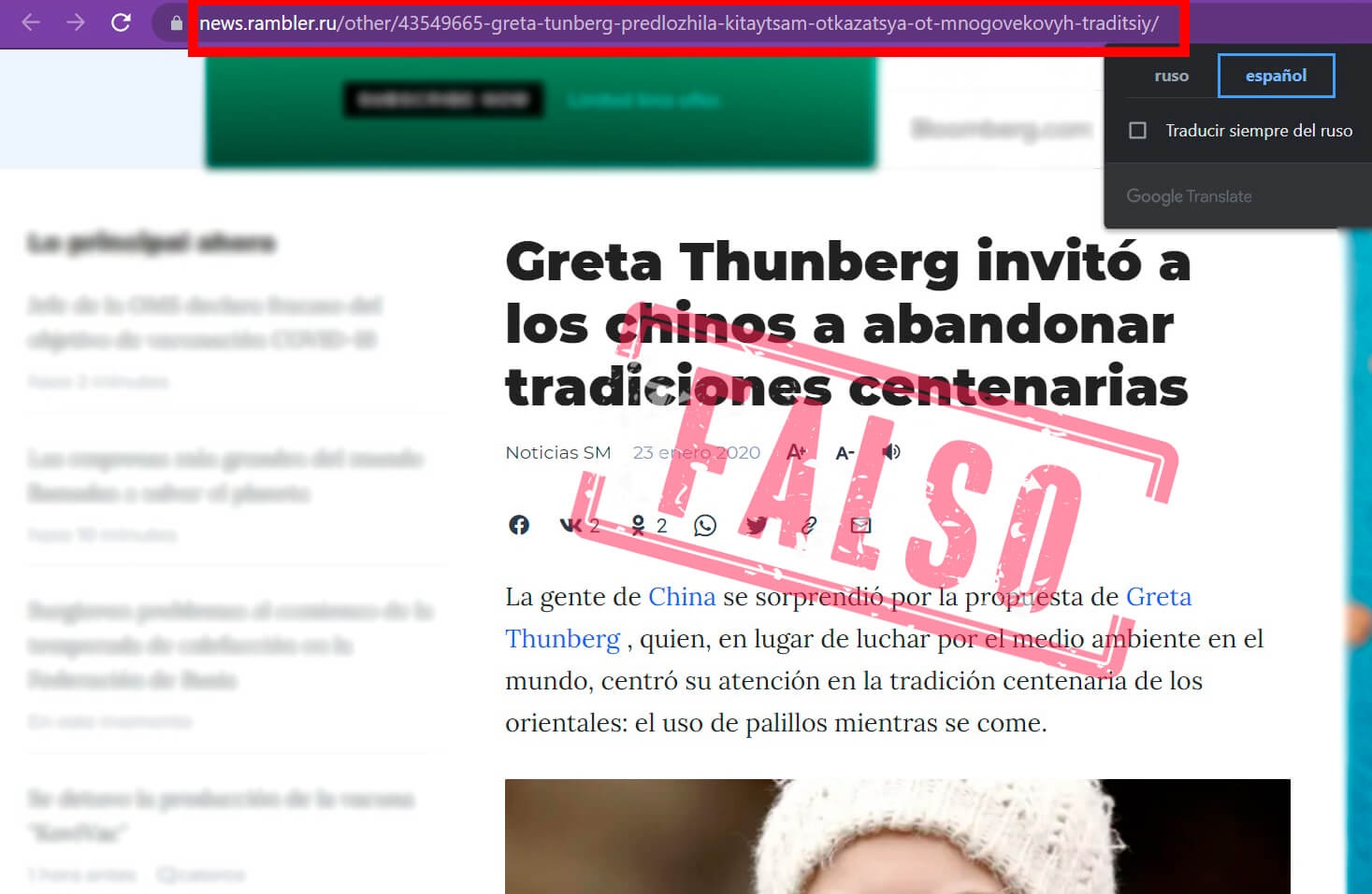 Pantallazo de nota de Rambler sobre Thunberg y palillos con URL que coincide en términos con la de SM