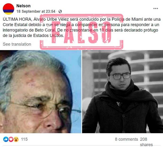 Pantallazo de publicación de noticia falsa sobre Álvaro Uribe y Beto Coral