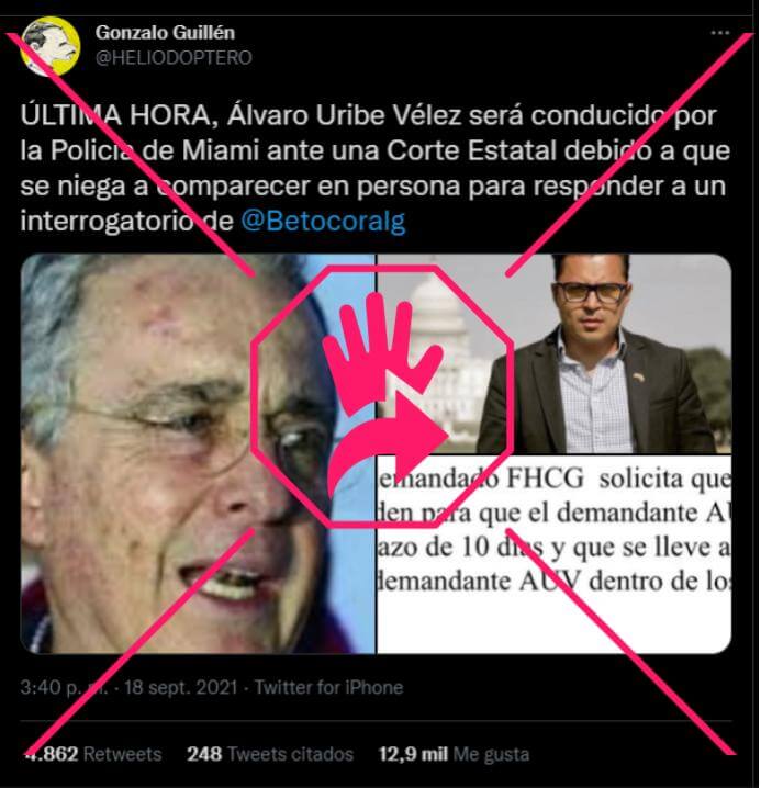 Pantallazo de trino falso de Gonzalo Guillén sobre Uribe y Beto Coral