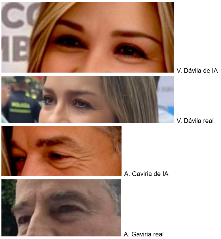 Comparativo de ojos reales de Vicky Dávila y Aníbal Gaviria con los que aparecen en la imagen de IA
