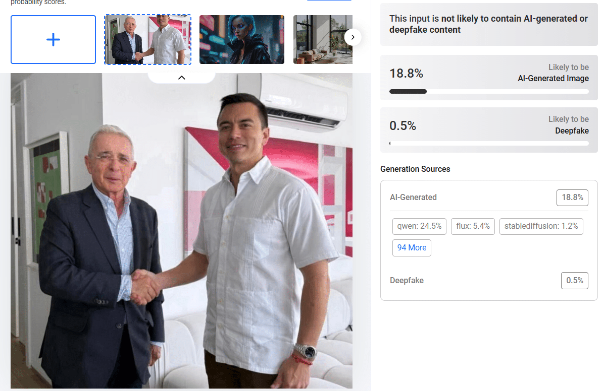 Análisis de Hive Moderation arroja solo 18,8% de probabilidad de IA en la imagen de Uribe y Noboa