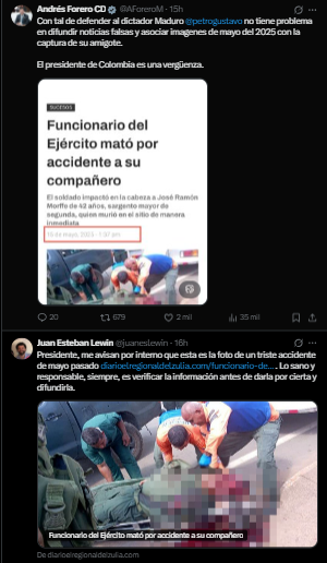 Trinos de Forero y Lewin, señalando el falso contexto de la foto compartida por Petro
