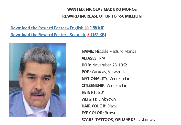 Ficha de "buscado" de Maduro