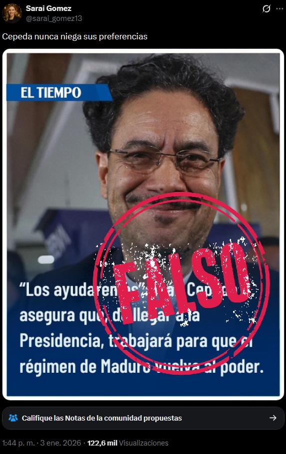 Captura de pantalla de trino con la imagen falsa que suplanta a El Tiempo con cita apócrifa de Cepeda sobre Maduro