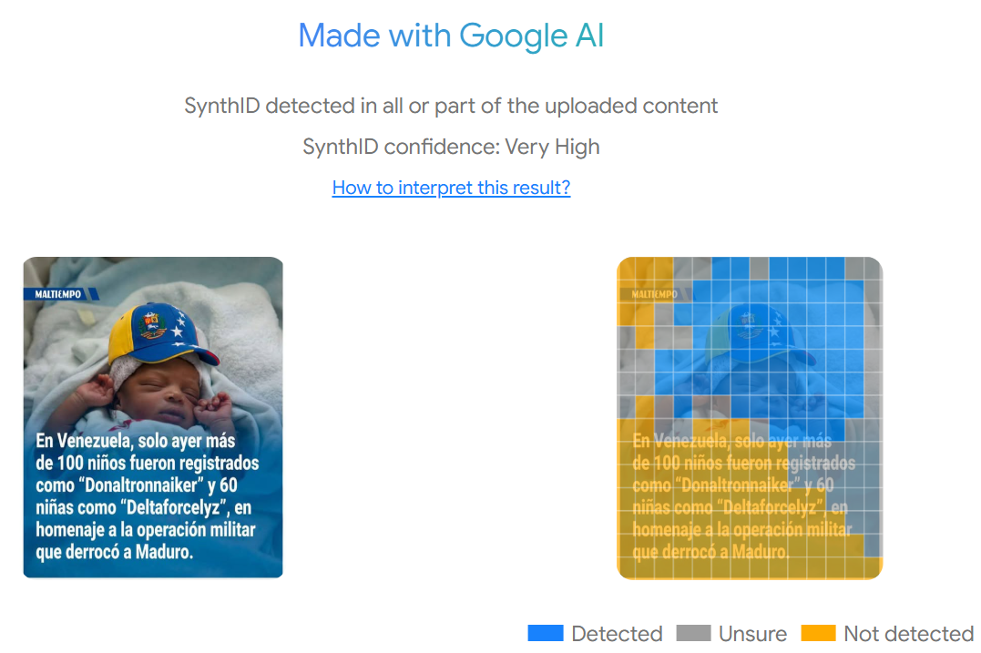 Análisis de la imagen de Maltiempo con Synth ID muestra marca de agua de IA de Google en la supuesta foto del bebé con la gorra de Venezuela