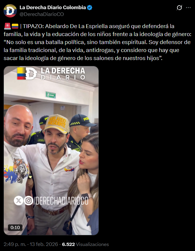 Tuit de @DerechaDiarioCO donde Abelardo de la Espriella, en video, dice: "“No solo es una batalla política, sino también espiritual. Soy defensor de la familia tradicional, de la vida, antidrogas, y considero que hay que sacar la ideología de género de los salones de nuestros hijos”.