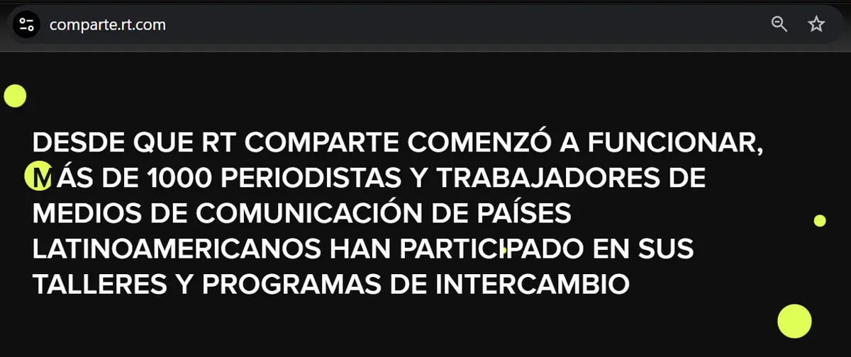 Captura de comparte.rt.com, donde dice: "DESDE QUE RT COMPARTE COMENZÓ A FUNCIONAR, MÁS DE 1000 PERIODISTAS Y TRABAJADORES DE MEDIOS DE COMUNICACIÓN DE PAÍSES LATINOAMERICANOS HAN PARTICIPADO EN SUS TALLERES Y PROGRAMAS DE INTERCAMBIO".