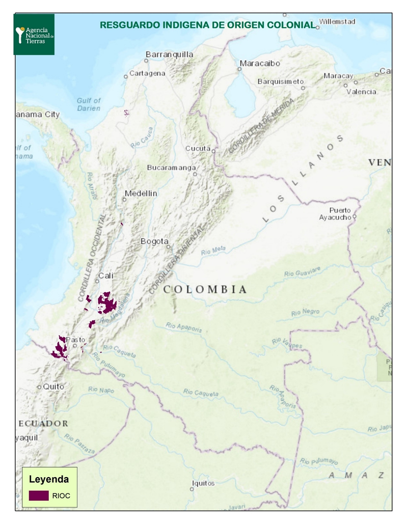 Mapa de resguardos indígenas de origen colonial de la Agencia Nacional de Tierras