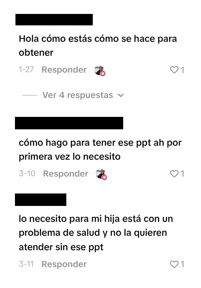 Captura de pantalla con comentarios de TikTok como "lo necesito para mi hija está con un problema de salud y no la quieren atender sin ese ppt"