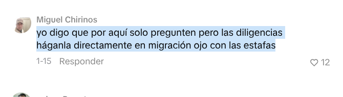 Comentario de un usuario advierte "yo digo que por aquí solo pregunten pero las diligencias háganla directamente en migración ojo con las estafas".