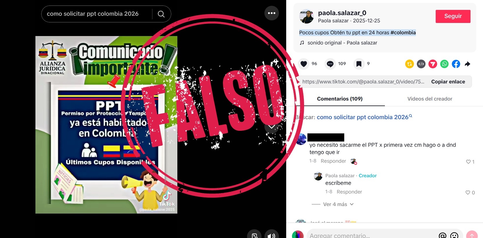 Captura de pantalla de publicación falsa de TikTok sobre PPT