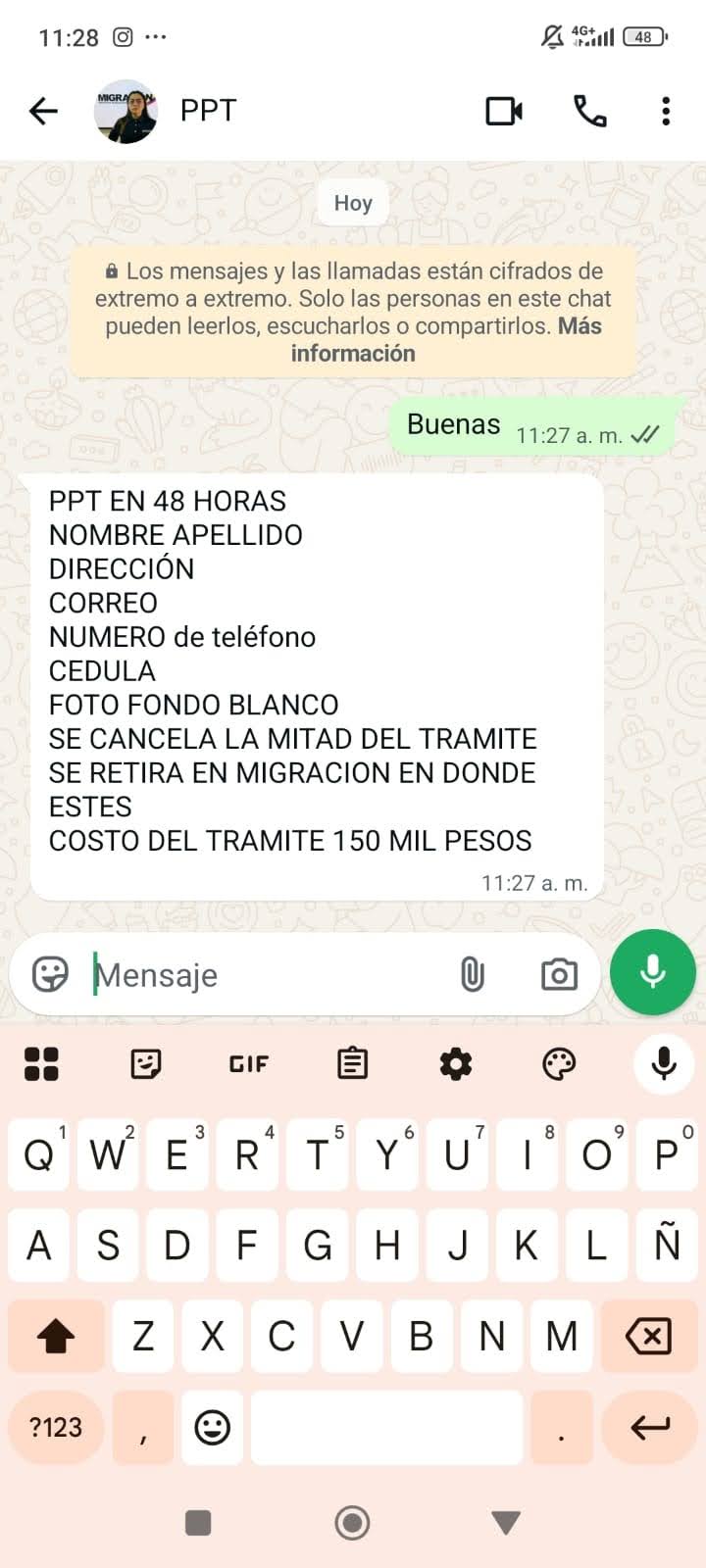 Captura de pantalla del chat con la falsa oferta de PPT