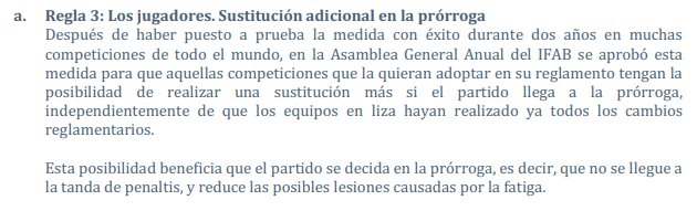 Circular sobre cuarto cambio en tiempo extra de partidos de fútbol