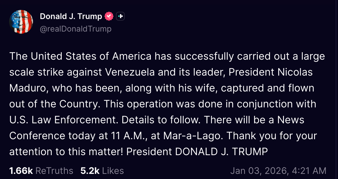 Captura de pantalla de la publicación de Donald Trump en Truth Social sobre la captura de Maduro y Flores