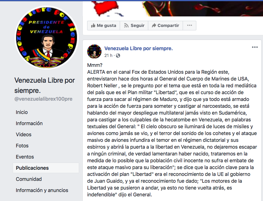 Captura de pantalla de la página de Facebook Venezuela Libre por siempre