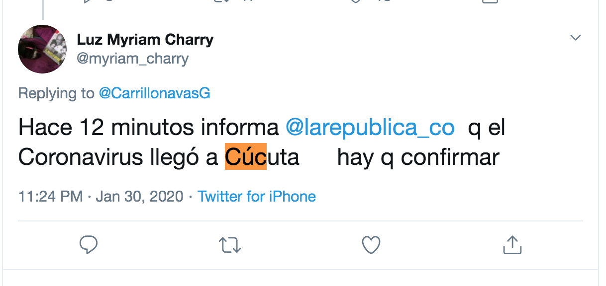 Pantallazo de trino de información falsa sobre coronavirus en Cúcuta