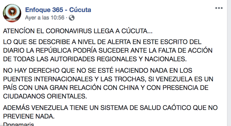 Pantallazo de trino de información falsa sobre coronavirus en Cúcuta 2
