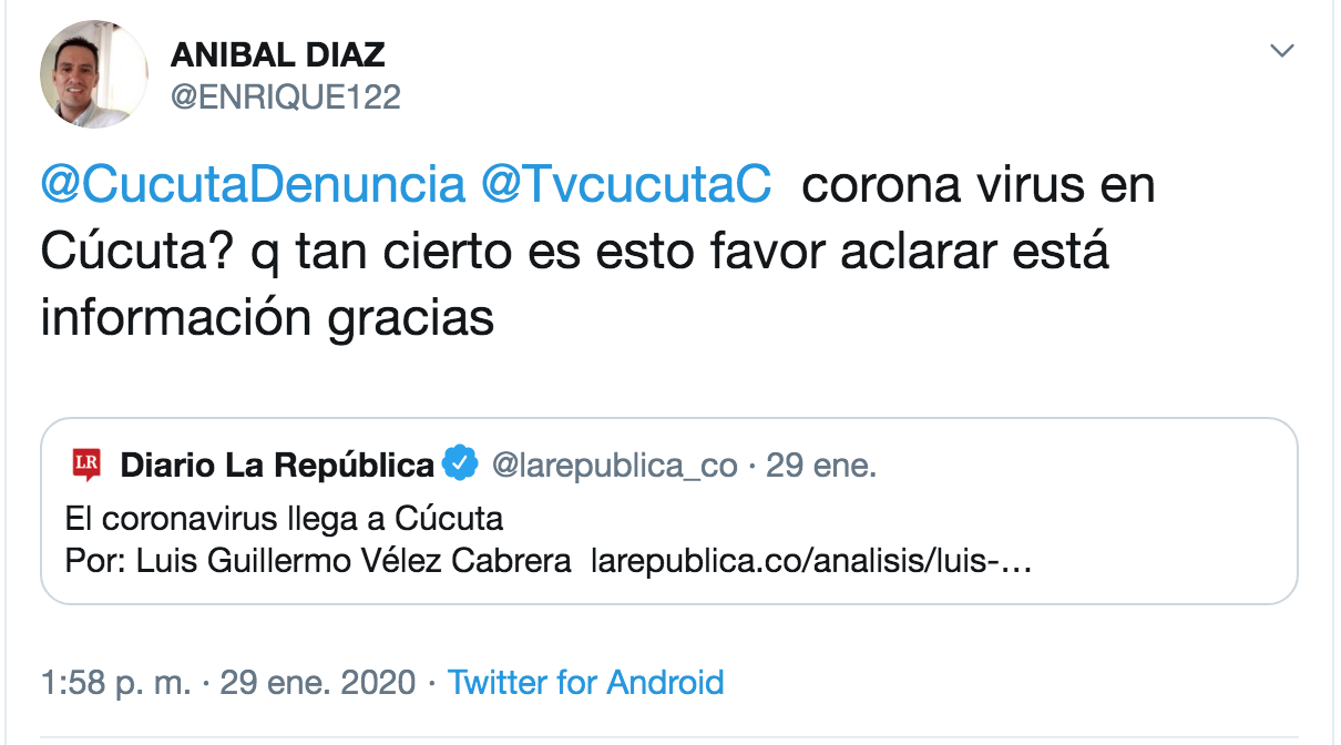 Pantallazo de trino de información falsa sobre coronavirus en Cúcuta 3