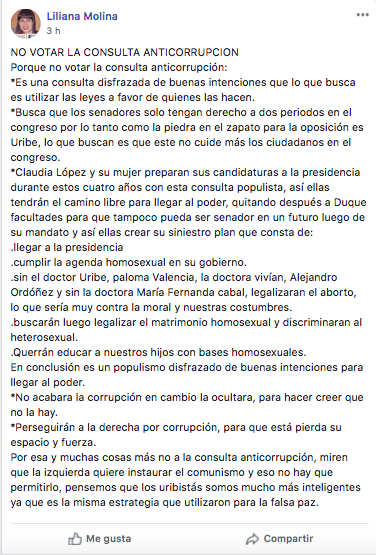 Cadena en Facebook con mentiras sobre la consulta anticorrupción