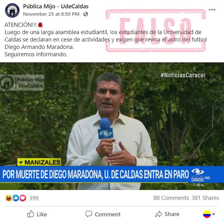 Publicación falsa de Maradona y U. de Caldas