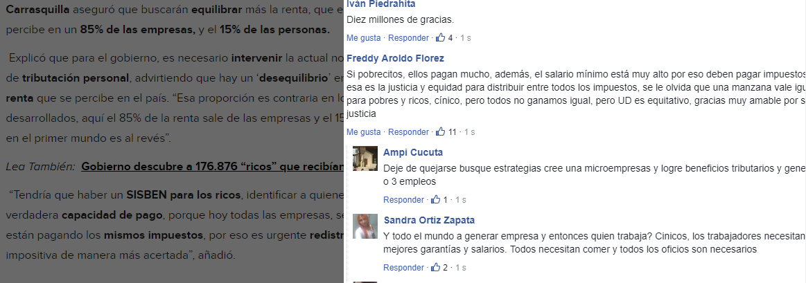 Comentarios en Facebook a noticia de Caracol