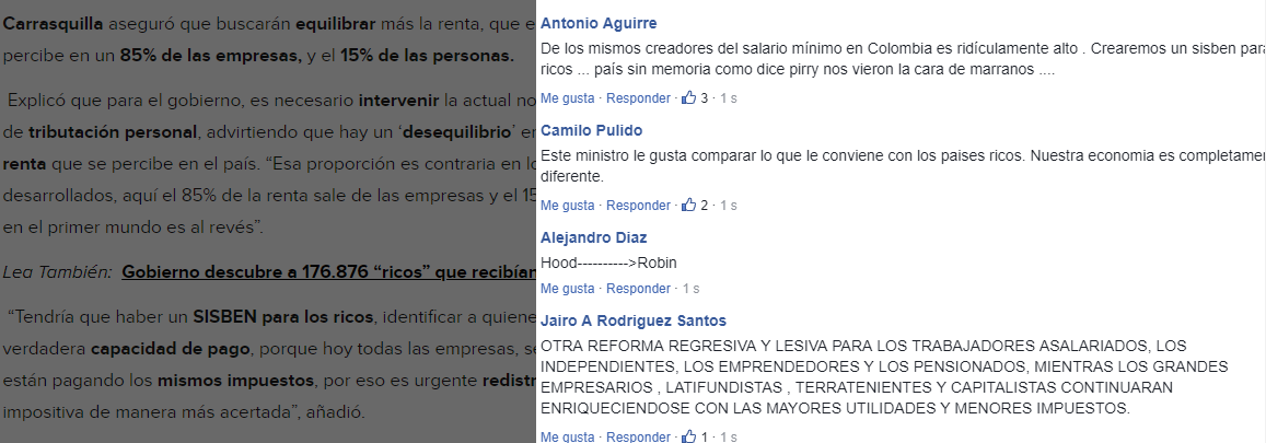 Comentarios en Facebook a noticia del "Sisbén para ricos"
