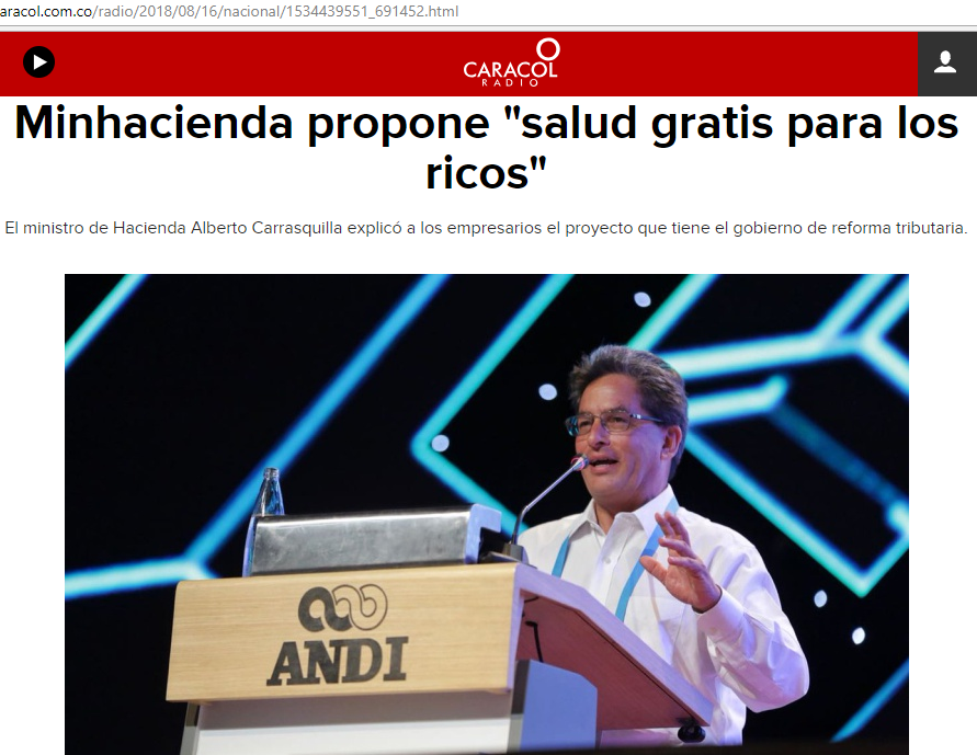 Noticia en Caracol Radio sobre "Sisbén para ricos" de Carrasquilla
