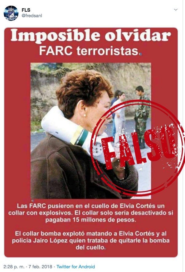 Foto del collar bomba que le atribuyen a las Farc pero el crimen lo cometió la delincuencia común