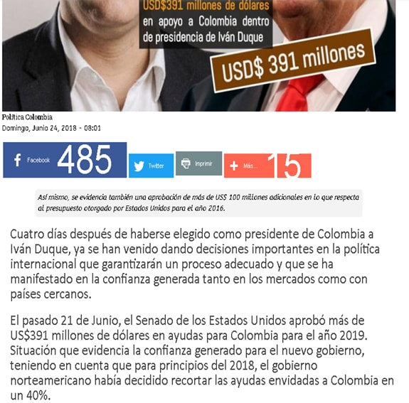 Nota engañosa sobre ayuda económica de EE.UU. a Colombia