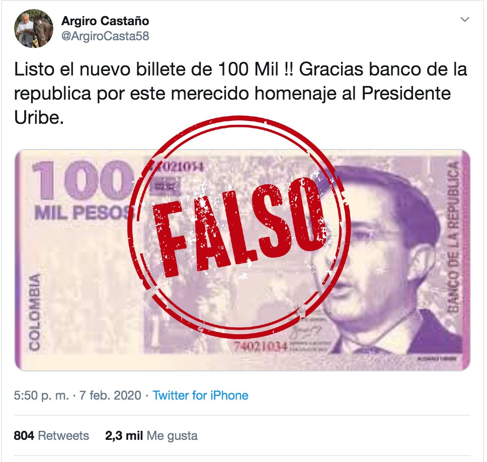 Foto de falso billete de cien mil de Uribe