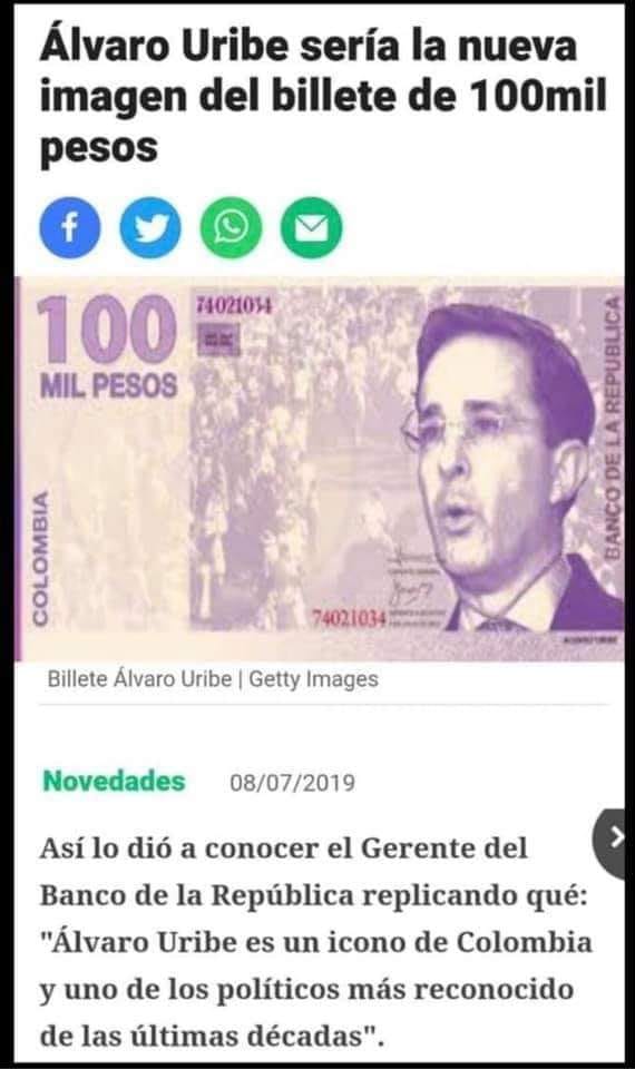 Supuesta captura de pantalla de la noticia sobre el billete de Álvaro Uribe
