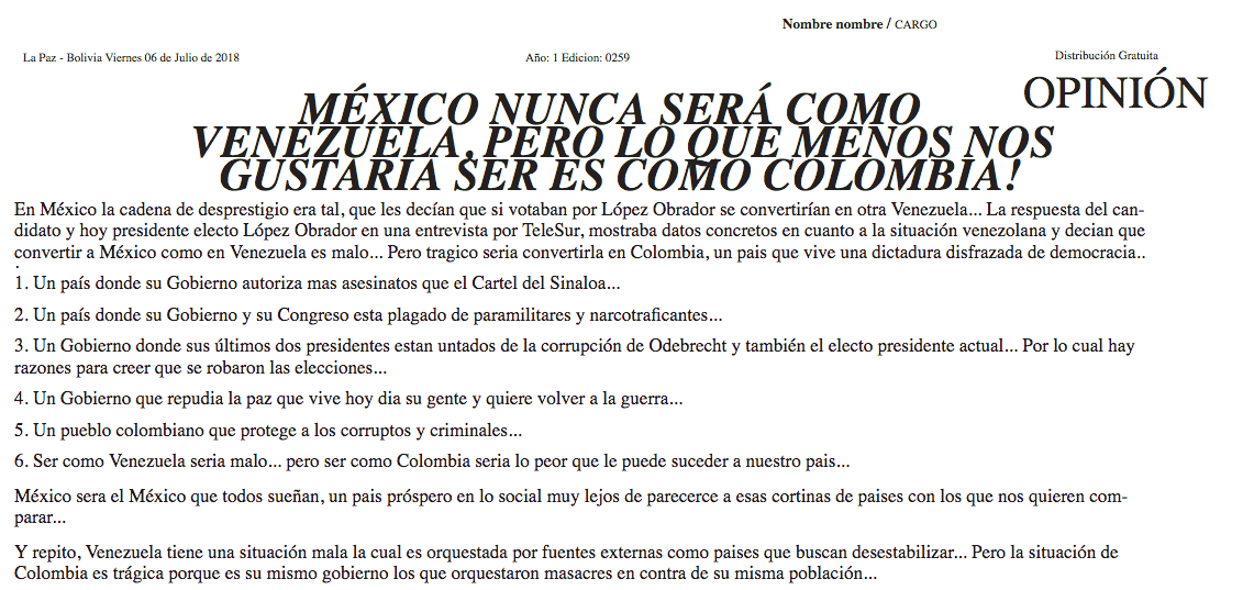 Noticia falsa publicada en Bolivia sobre AMLO y Colombia