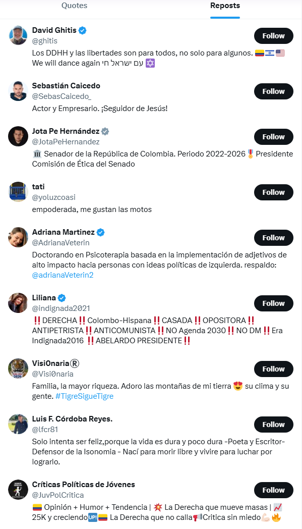 Captura del listado de cuentas de X que republicaron la desinformación. Aparecen: David Ghitis @ghitis, Sebastián Caicedo @SebasCaicedo_, Jota Pe Hernández @JotaPeHernandez, tati @yoluzcoasi, Adriana Martinez @AdrianaVeterin respaldo @adrianaVeterin2, Liliana @indignada2021, Visi0naria®️ @Visi0naria, Luis F. Córdoba Reyes @lfcr81 y Críticas Políticas de Jóvenes @JuvPolCritica
