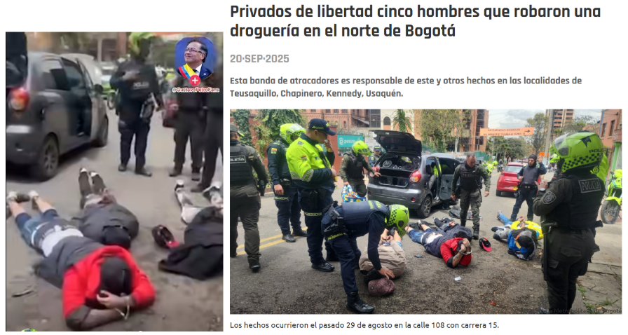 Comparación entre fotograma del video de supuestos venezolanos capturados por cruzar la fronteras en elecciones y la foto real, casi idéntica, de la captura de ladrones en Bogotá años antes a la que corresponde realmente la imagen