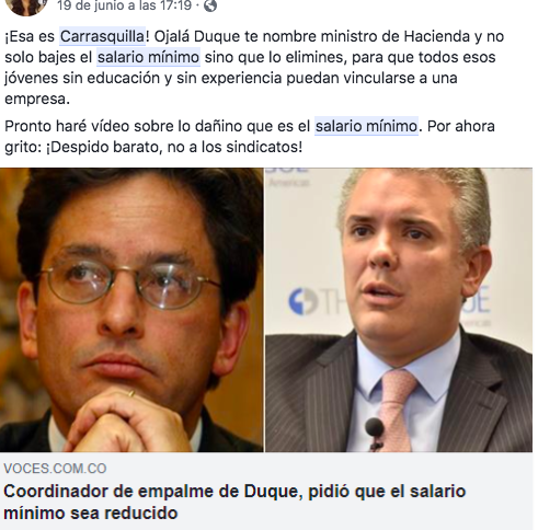 Publicación sin contexto sobre Carrasquilla y el mínimo
