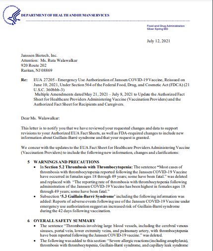 Carta de la FDA a Janssen