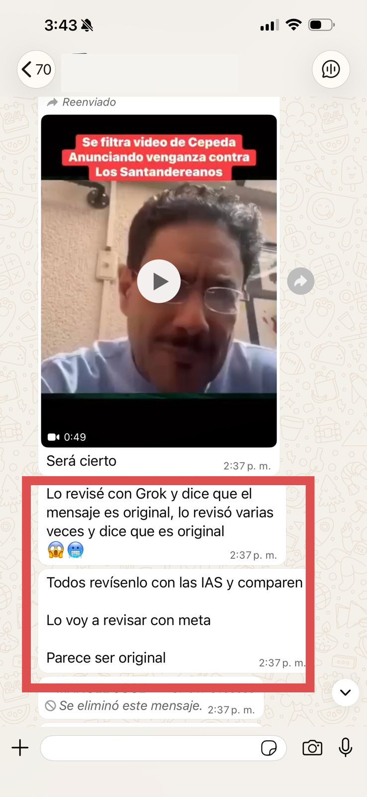 Captura de pantalla de WhatsApp con el mensaje que atribuye la verificación del video falso a Grok
