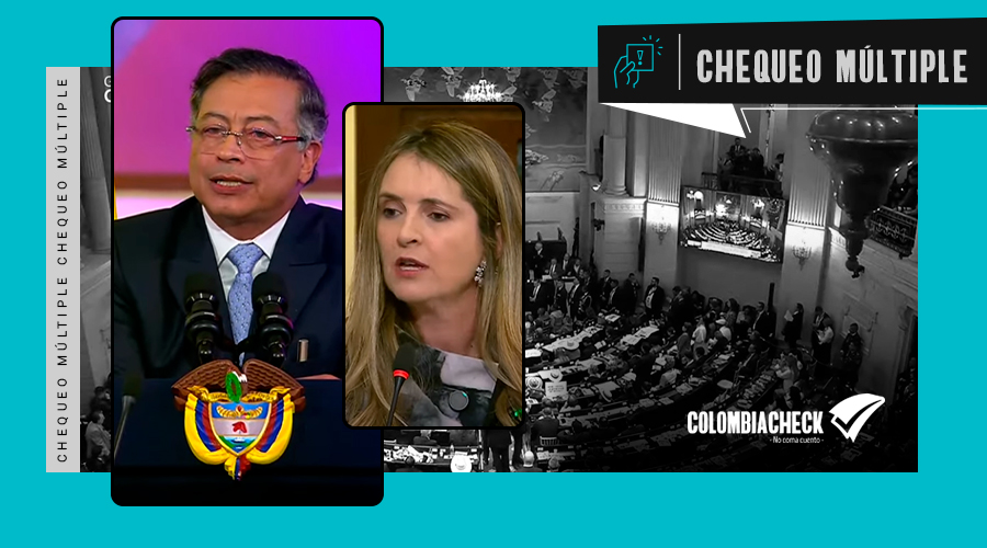 Portada del chequeo a Petro y Valencia con foto de ambos en sus respectivos discursos