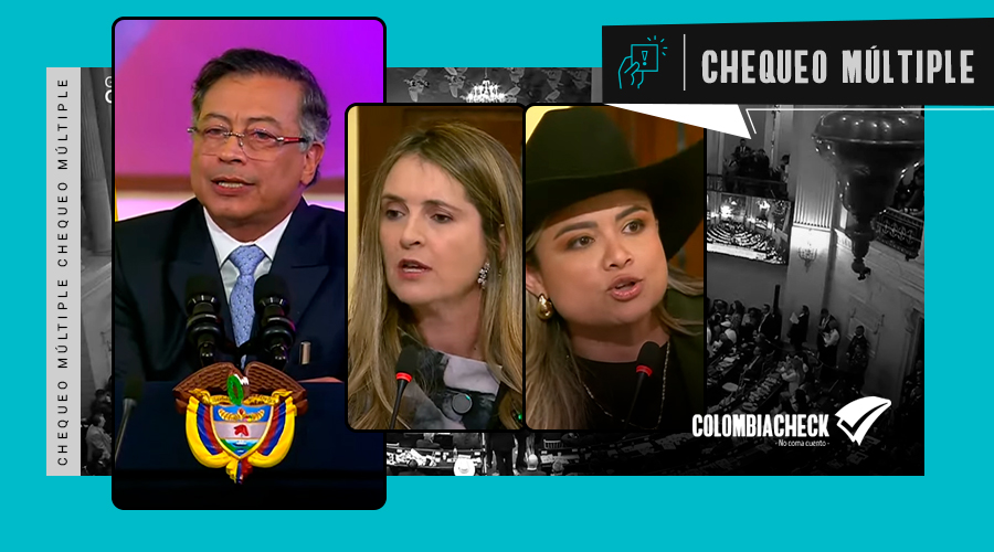 Portada del chequeo a Petro, Valencia y Garrido con foto de los tres en sus respectivos discursos