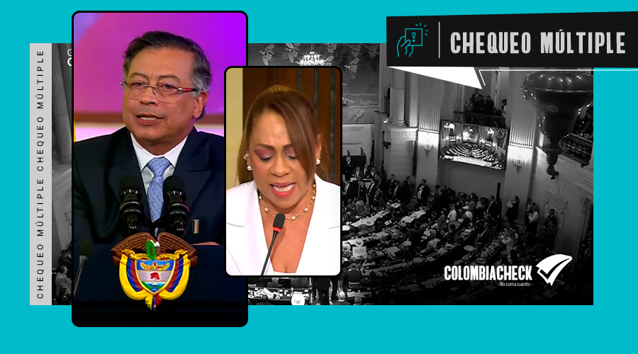 Portada del chequeo a Petro y Castillo con foto de ambos en sus respectivos discursos