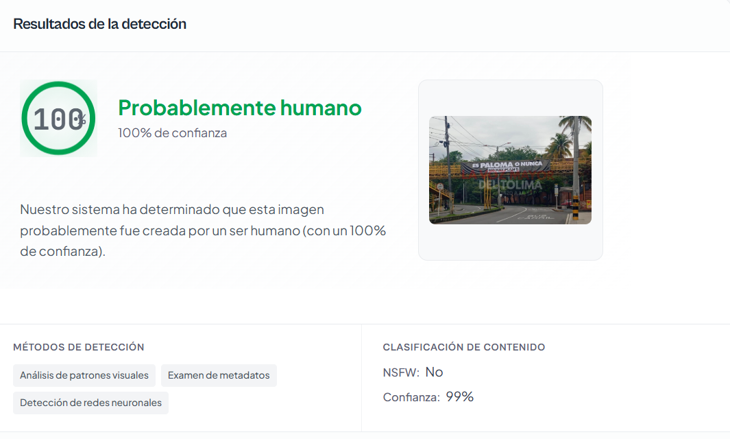 IsItAI arroja 100% de probabilidad de contenido humano en la imagen a favor de Valencia