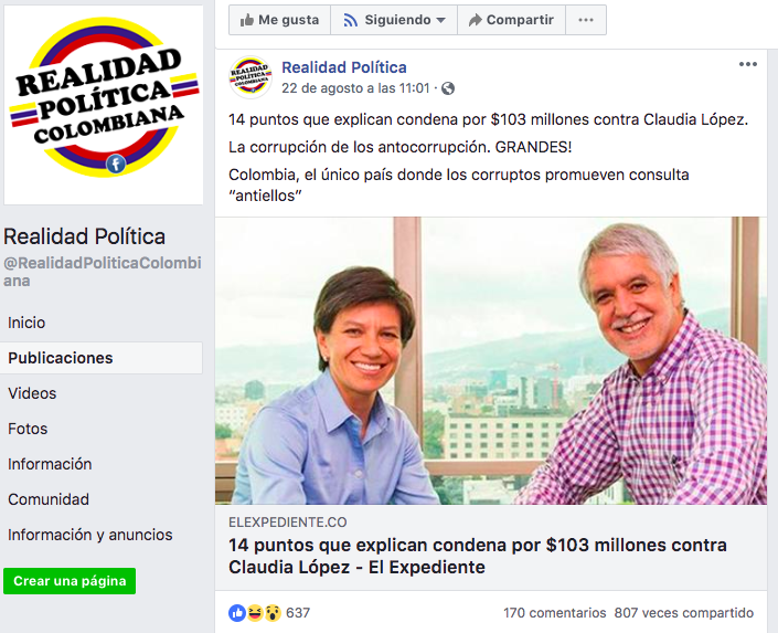 Noticia falsa sobre Claudia López en Facebook
