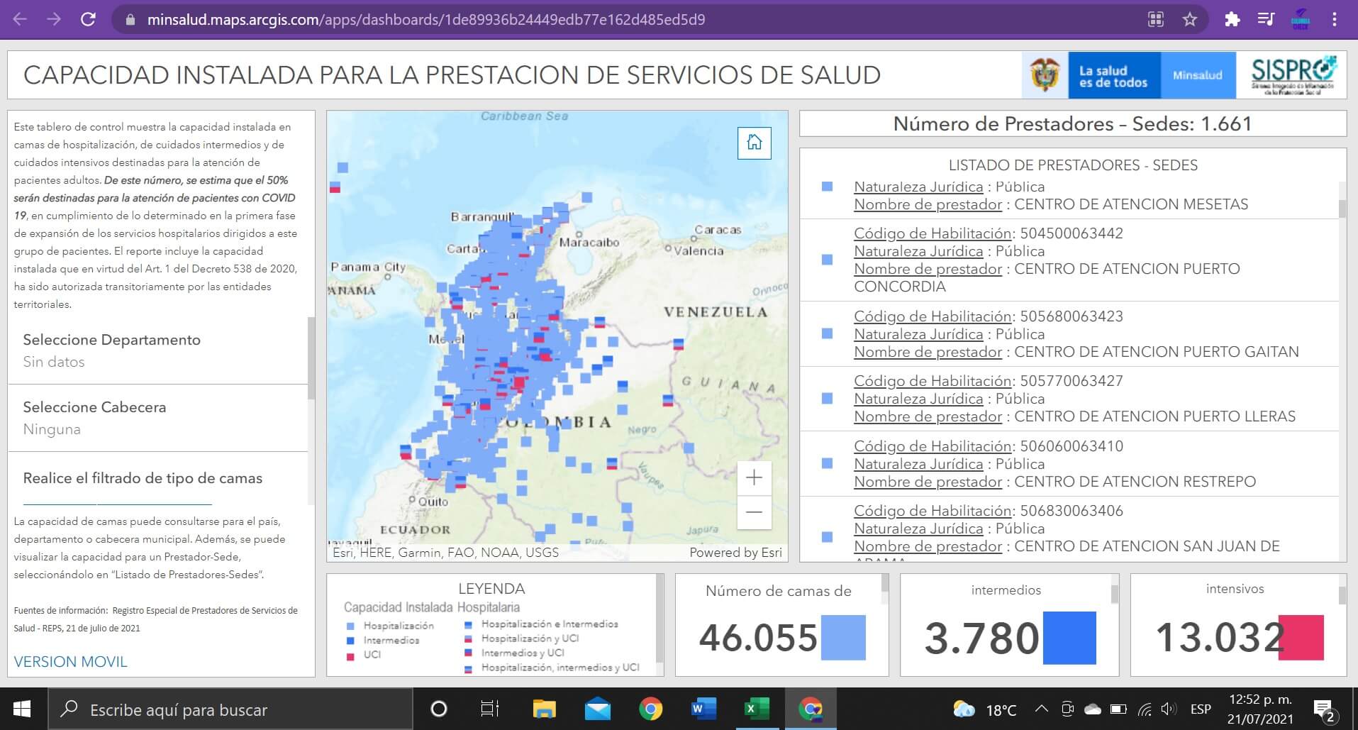 Pantallazo del mapa de Sispro con 13.000 UCI en Colombia al 21/07/2021