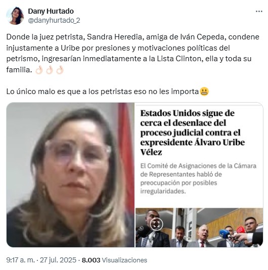 tuit sobre la jueza Sandra Heredia incluida en lista Clinton