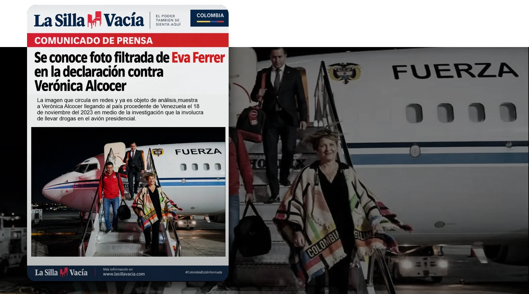 Captura de la publicación verificada sobre una foto de contexto: Foto de Verónica Alcocer bajando de avión con maletas negras es un montaje