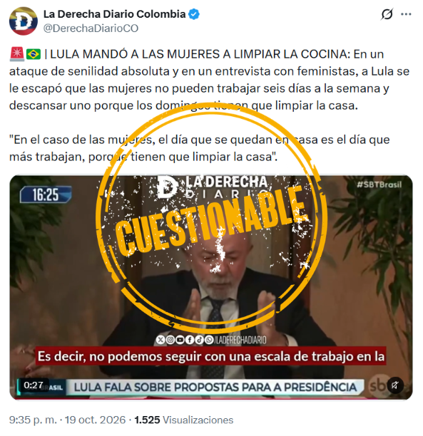 Publicación engañosa sobre declaración de Lula de mandar a las mujeres a limpiar