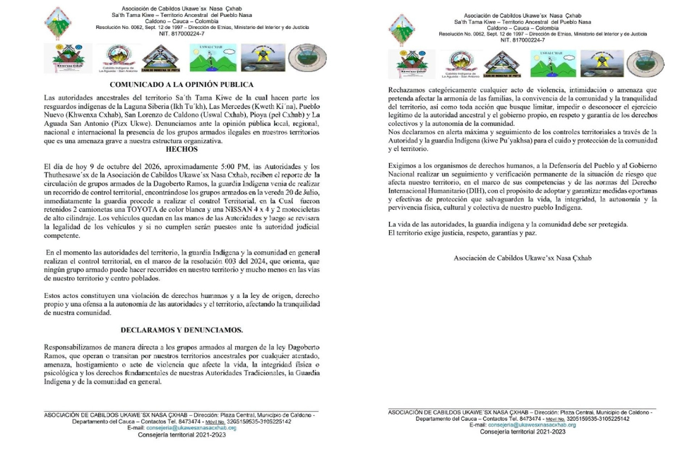 Comunicado de la Asociación de Cabildos Ukawe’sx Nasa Çxhab
